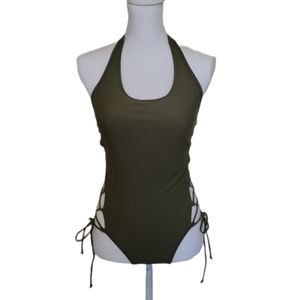 Army Green Lace-Up Halter Tie 1-Piece Swimsuit XX-Large
